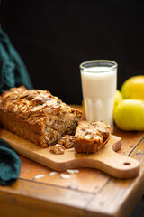 carrot cake with apples and a glass of milk, homemade cakes, comfort