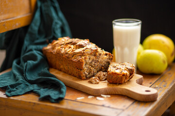 carrot cake with apples and a glass of milk, homemade cakes, comfort