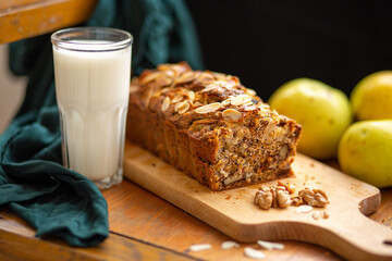 carrot cake with apples and a glass of milk, homemade cakes, comfort