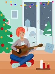 Vector scene with girl playing guitar in Christmas time