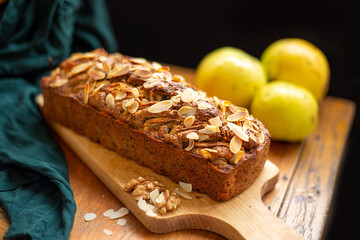 carrot cake with apples and a glass of milk, homemade cakes, comfort