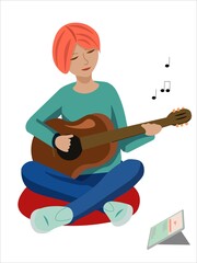 Vector girl studing guitar online