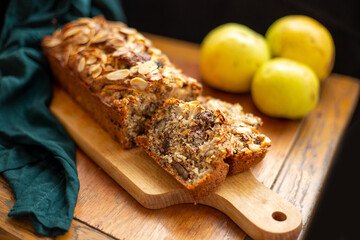 carrot cake with apples and a glass of milk, homemade cakes, comfort