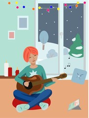 Vector girl studing guitar at home