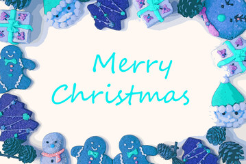 Illustration of Adorable Blue Tone Christmas Cookies Frame on White Background