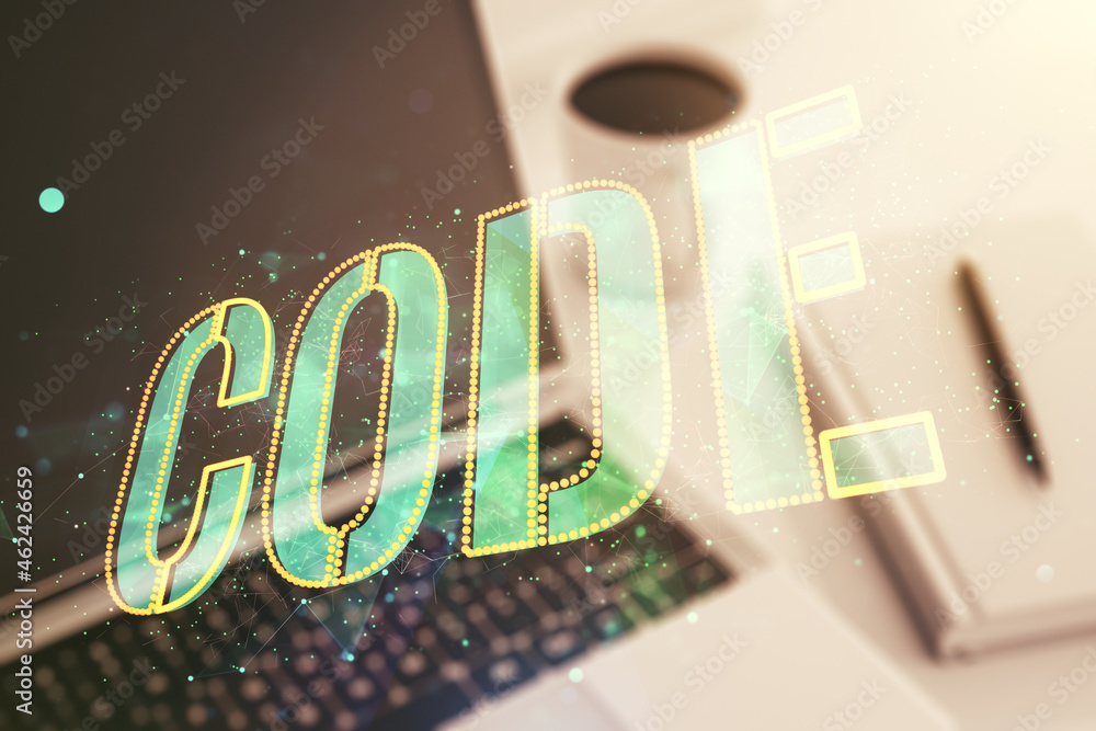 Poster creative code word hologram on modern computer background, artificial intelligence and neural networ