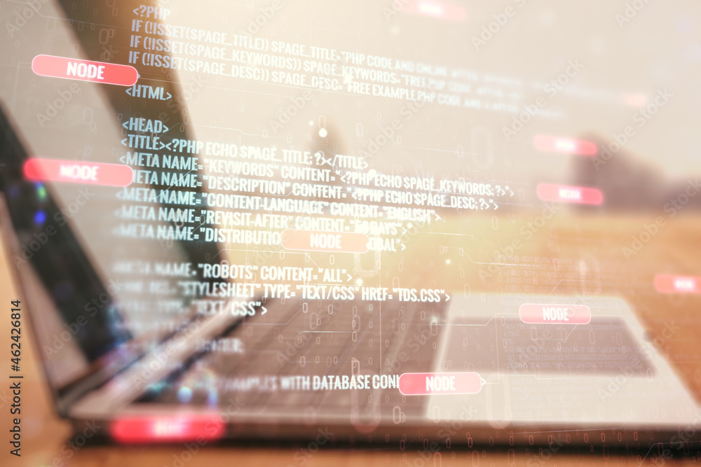Poster double exposure of abstract programming language on laptop background, research and development conc