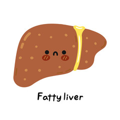 Cute sad sick funny fatty liver organ character. Vector hand drawn cartoon kawaii character illustration icon. Isolated on white background. Human Liver fatty, sick cartoon character concept