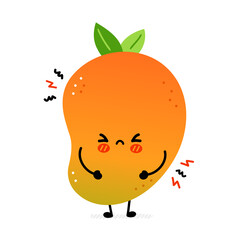 Cute funny sad mango fruit. Vector hand drawn cartoon kawaii character illustration icon. Isolated on white background. Mango exotic baby fruit character concept