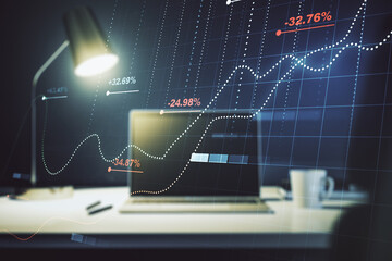 Multi exposure of creative statistics data hologram on laptop background, stats and analytics concept