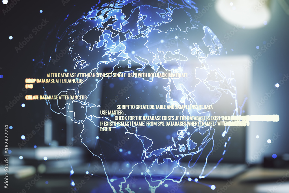 Poster abstract creative coding illustration with world map on modern computer background, international so