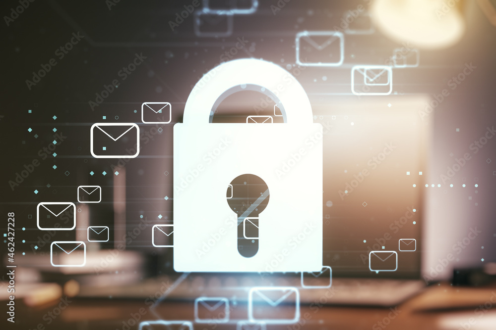 Poster double exposure of creative lock hologram with email symbols on laptop background. information secur