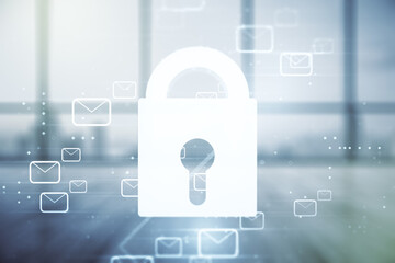 Double exposure of abstract virtual creative lock hologram with email symbols on empty modern office background. Information security concept