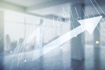 Abstract creative financial diagram and upward arrow hologram on empty room interior background, growth and development concept