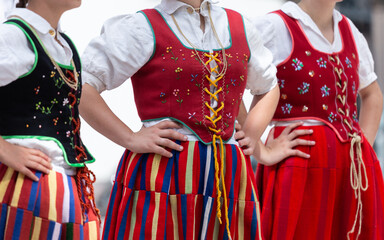 Close up of female dancer clothe of the traditional folklore of Madeira Island, Bailinho da Madeira.