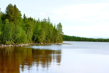 summer landscape. View of the river with a rocky bank and forest. Russia, Karelia