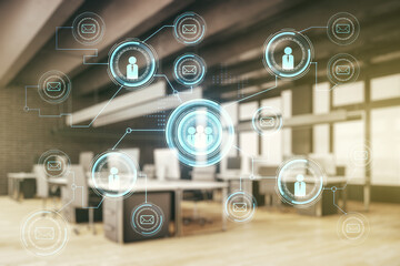 Double exposure of social network icons hologram on a modern furnished office interior background. Networking concept