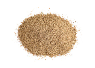 Heap of powdered coriander isolated on white, top view