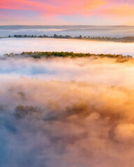 Obraz premium Majestic misty view of the picturesque countryside with the rays of morning light.