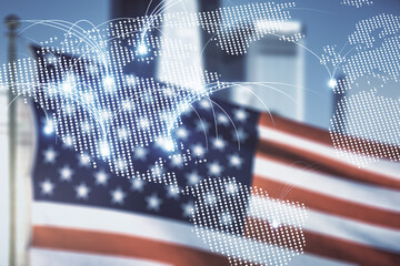 Double exposure of abstract digital world map hologram with connections on USA flag and blurry cityscape background, research and strategy concept