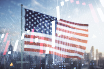 Multi exposure of virtual abstract financial chart hologram and world map on USA flag and blurry skyscrapers background, research and analytics concept