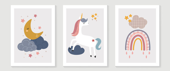 Kids wall art vector collection. Cute hand drawn design with cloud , rainbow, unicorn and star. Wallpaper background design for kids room decoration, Nursery wall art, Baby and toy cards and cover. © TWINS DESIGN STUDIO