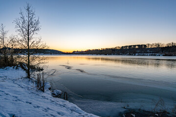 Snow-covered Princely Hohenzollern Park Krauchenwies and Ablacher See