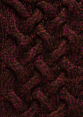 Texture of smooth knitted dark sweater with pattern. Top view, close-up. Handmade knitting wool or cotton fabric texture. Background of knitting patterns with a vertical large Braid Cable.