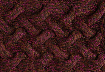 Texture of smooth knitted dark sweater with pattern. Top view, close-up. Handmade knitting wool or cotton fabric texture. Background of knitting patterns with a vertical large Braid Cable.