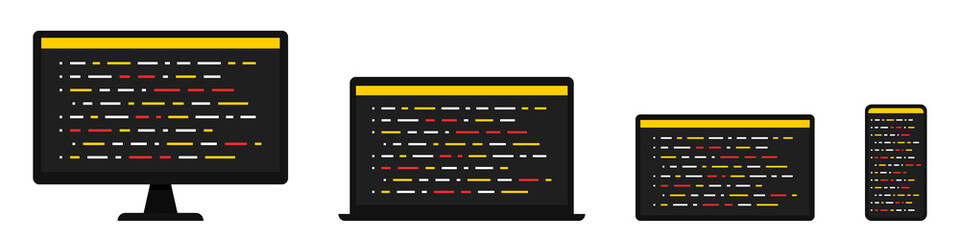 Programming. Coding. Development and software. Web. SEO. Writing code on the screen of a computer, laptop, tablet and smartphone. Flat style. Vector illustration