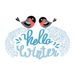 Bullfinches on the branches. Hello, winter! Vector graphics. Design, screensaver, illustration in a book, album, advertising.