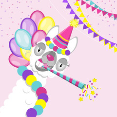 Funny lamas alpaca. Happy birthday party. Flat vector of cute and funny animal.