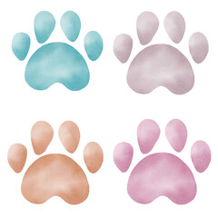 Animal paw prints watercolor clipart. Hand painted illustration isolated on white for kids graphics, DIY projects.