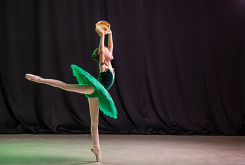 A little girl ballerina is dancing on stage in a tutu on pointe shoes with a tambourine, a classic...