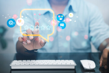 Business people who rate customer service and satisfaction. with happy smiley face emoticon Satisfaction of customers investing in online businesses
