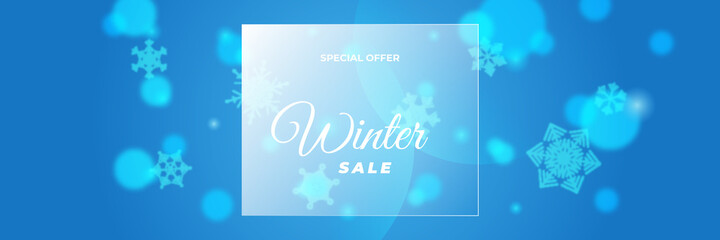 Winter Christmas sale blue banner with snowflake palm tree and clouds on blue background. Vector illustration