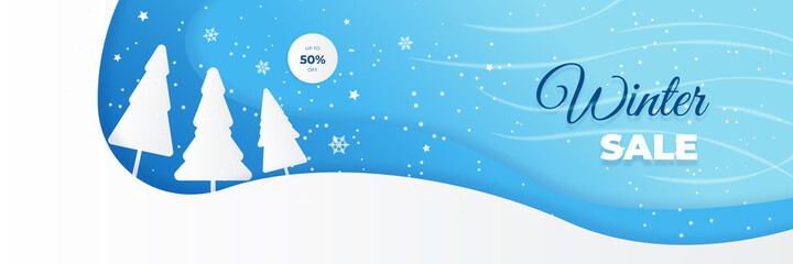 Winter Christmas sale blue banner with snowflake palm tree and clouds on blue background. Vector illustration