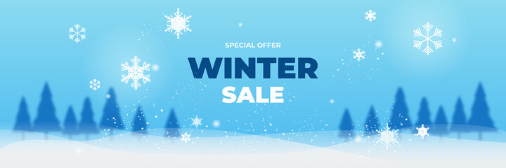 Winter Christmas sale blue banner with snowflake palm tree and clouds on blue background. Vector illustration