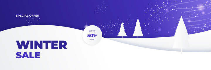 Winter Christmas sale banner of paper 3d ornament icons. Background design of sparkling lights garland, with realistic snow, blue snowflake and glitter confetti.