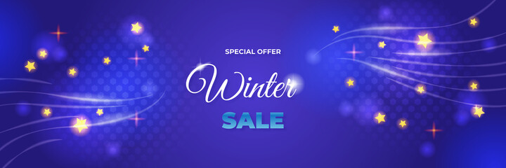 Winter Christmas sale banner of paper 3d ornament icons. Background design of sparkling lights garland, with realistic snow, blue snowflake and glitter confetti.