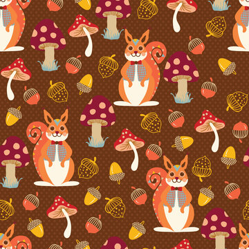 Autumn Cute Squirrel and Mushrooms Vector Seamless Pattern