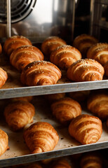 close up view of croissants on pan in stove