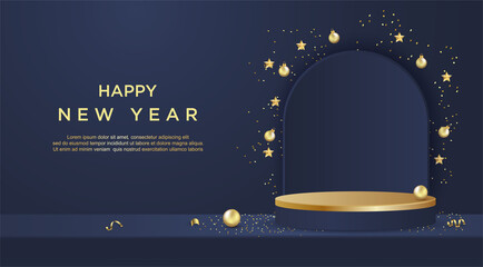 Happy new year with product display cylindrical shape on blue background