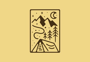 Mountain camping line art graphic illustration
