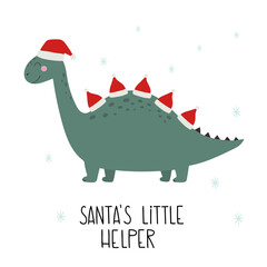 Christmas dinosaur. Hand lettering Santa's little helper. Vector illustration of funny character in cartoon flat style. Vector hand-drawn color children's illustration. Baby print. 