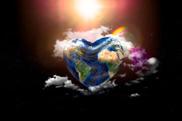 Heart-shaped earth on a space background, 3d illustration