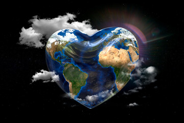 Heart-shaped earth on a space background, 3d illustration