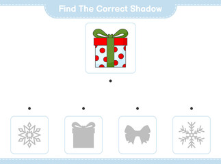 Find the correct shadow. Find and match the correct shadow of Box Gift. Educational children game, printable worksheet, vector illustration