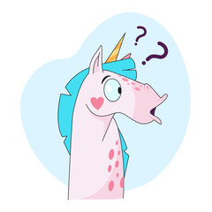 Confused unicorn cartoon character sticker. Emoticon of fairy horse asking questions in profile, animal with horn flat vector illustration isolated on white background. Fairytale, confusion concept