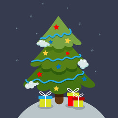 Christmas tree with gifts. Greeting card, festive poster. New year. Vector illustration in flat style.Christmas tree decorated stars.cartoon style.Merry Christmas. Winter holiday